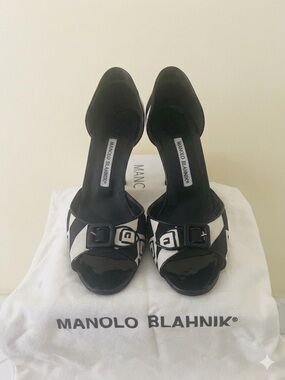 Vintage Manolo Blahnik Black and White Buckle Open-Toe Heels